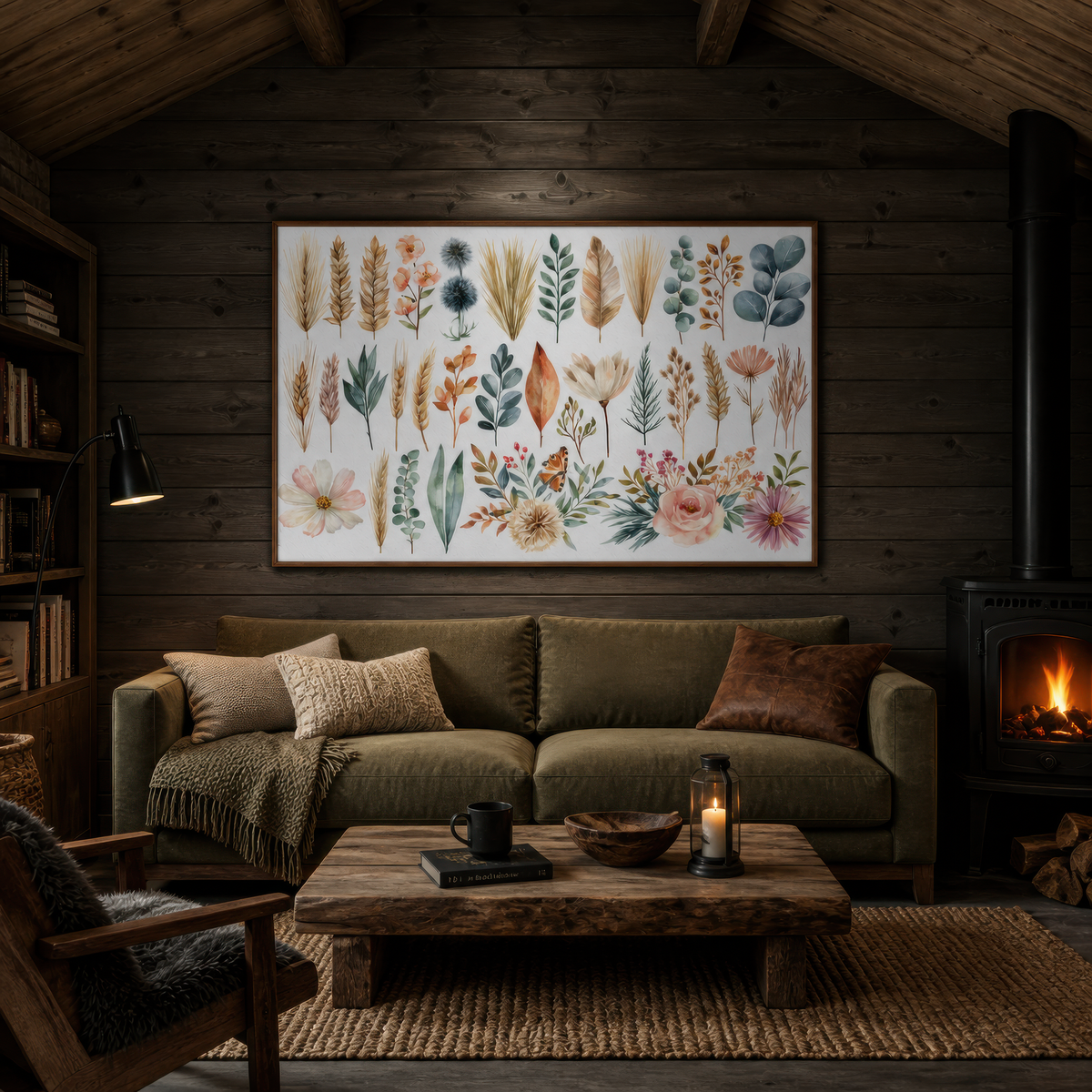 Pressed botanical chart above an olive sofa in a dark timber cabin beside a wood stove