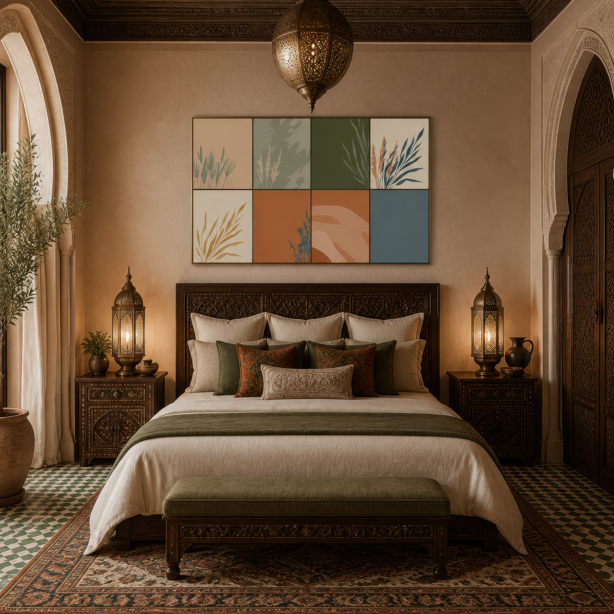 Botanical grass grid above a wood bed with cream bedding and two brass lanterns