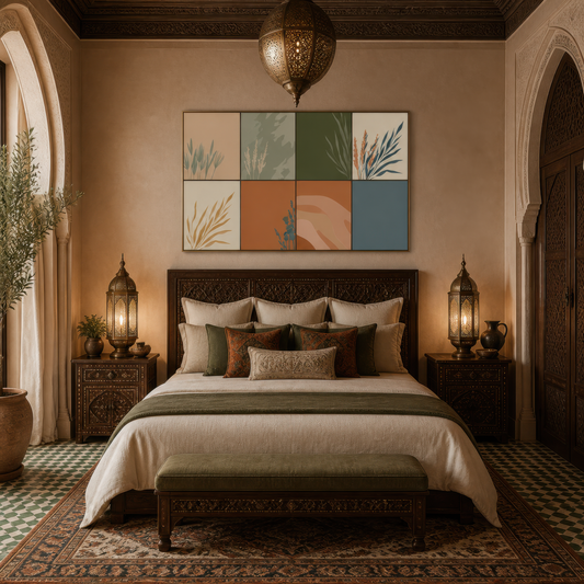 Botanical grass grid above a wood bed with cream bedding and two brass lanterns