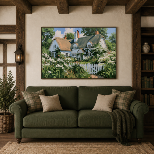 Thatched cottage and picket fence artwork above a dark green sofa with plaid pillows on a cream plaster wall