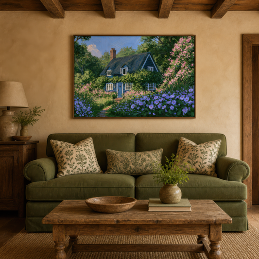 Blue blossom cottage above an olive green sofa with floral pillows and a chunky wood table