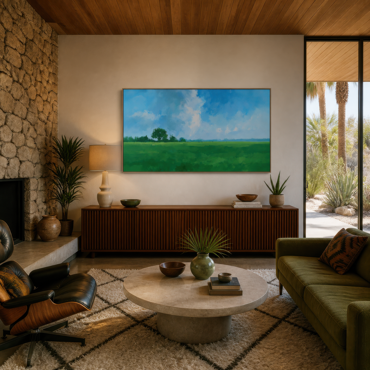 Open green meadow above a ribbed wood credenza with an olive sofa and a stone coffee table