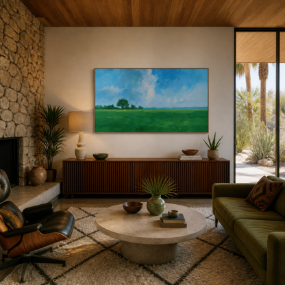 Open green meadow above a ribbed wood credenza with an olive sofa and a stone coffee table