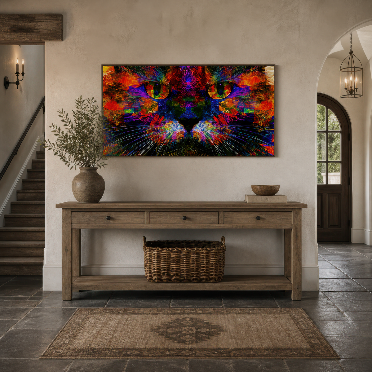 Neon Cat Eyes psychedelic wall art in an entryway