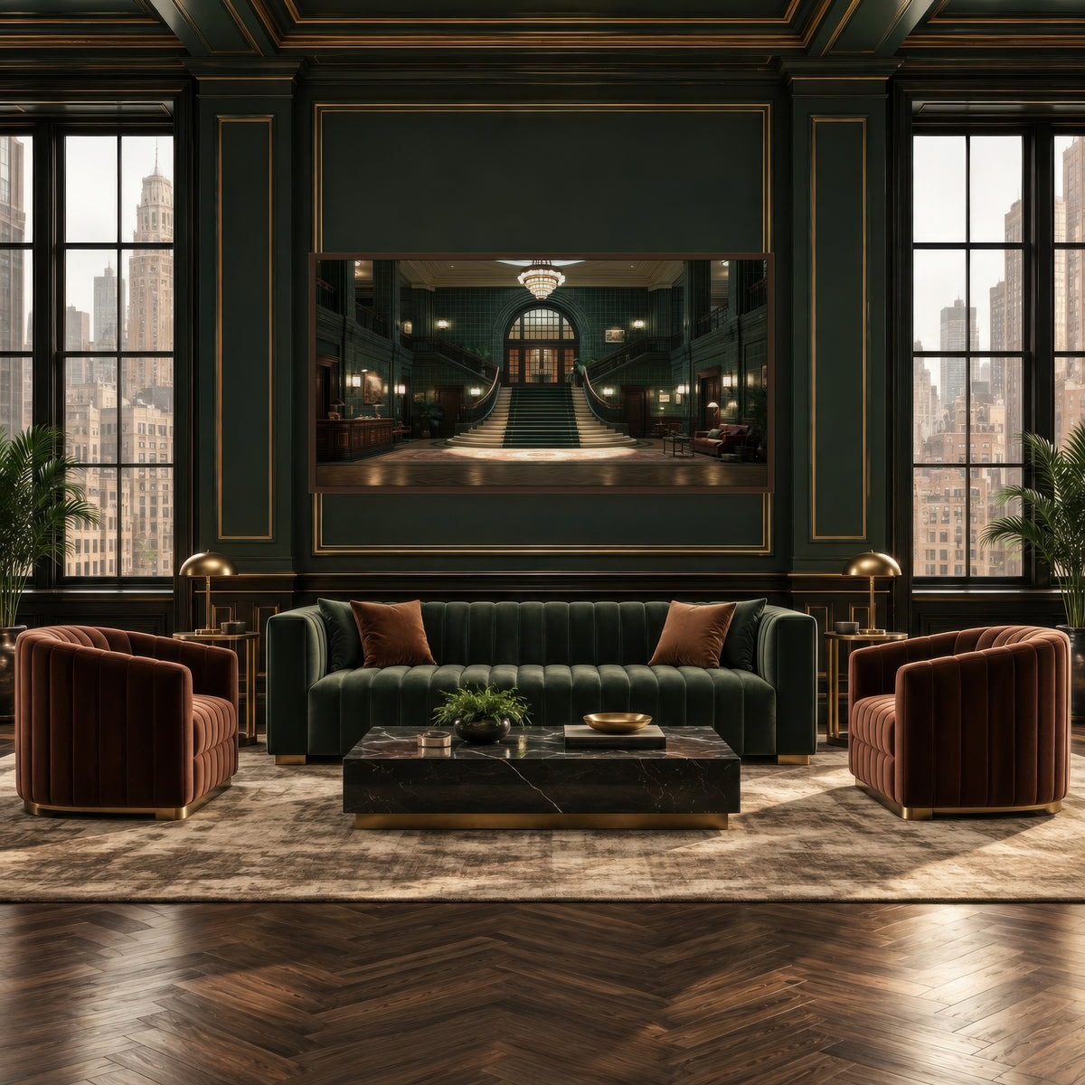 Emerald Deco Staircase art deco wall art in a den