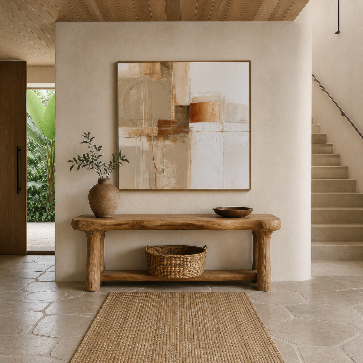 Square terracotta and cream abstract artwork above a wooden console table in an entryway beside stairs