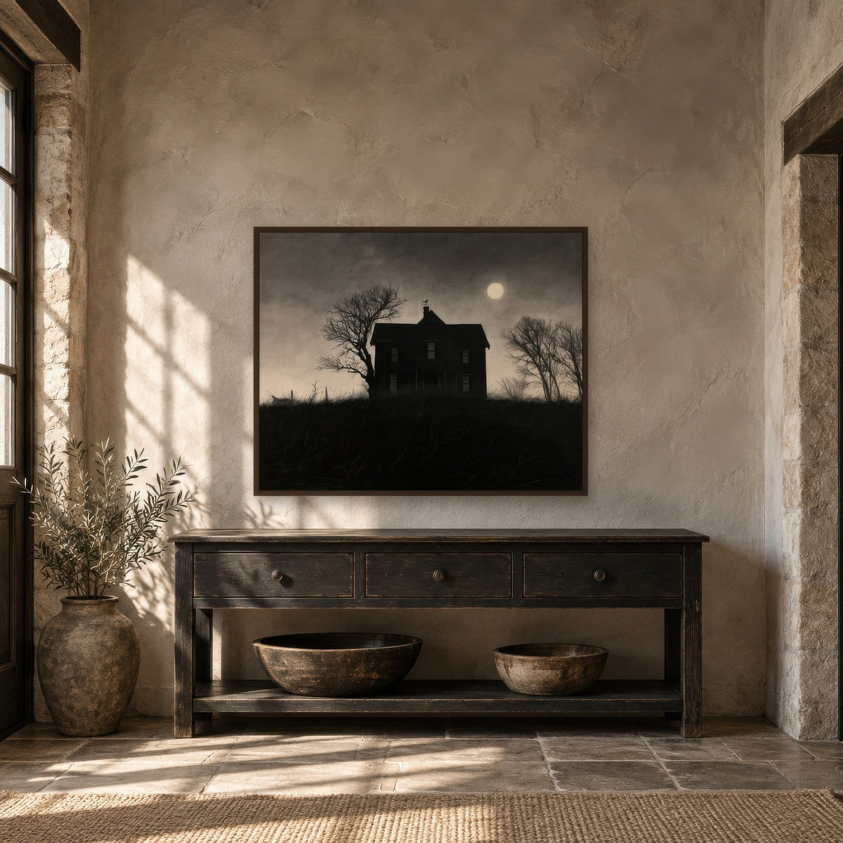 Moonlit Farmhouse Silhouette farmhouse wall art in an entryway