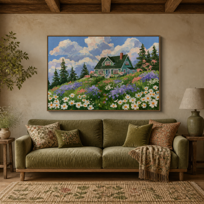 Folk hillside cottage above an olive green sofa with woven pillows and a table lamp