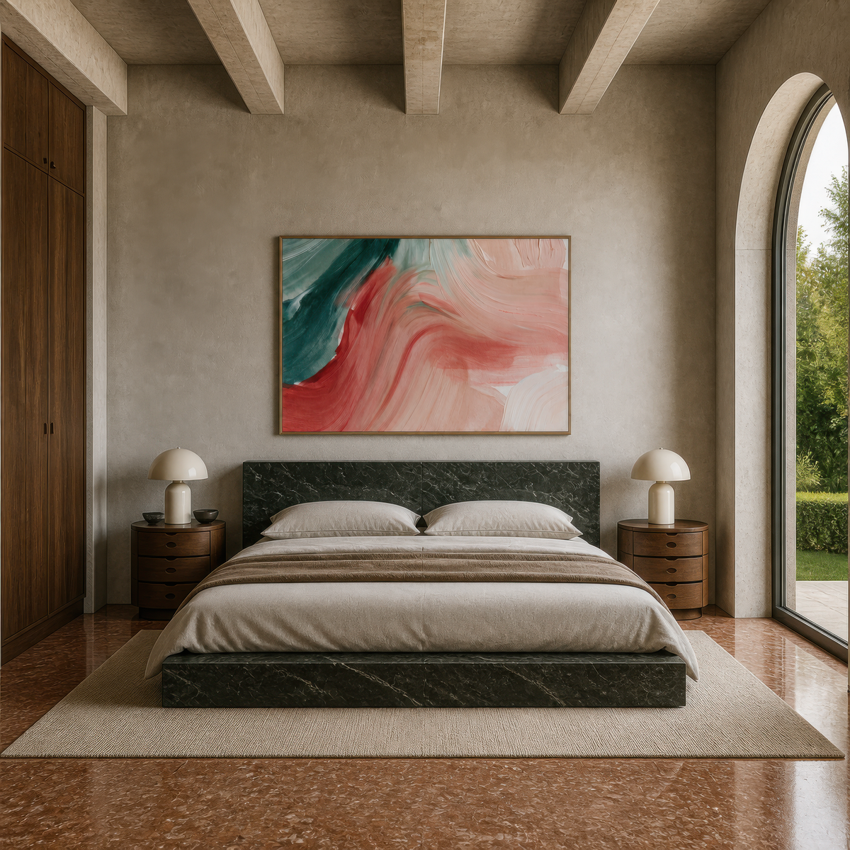 Flowing brushstroke abstract above a low bed with dark green bedding and two round lamps