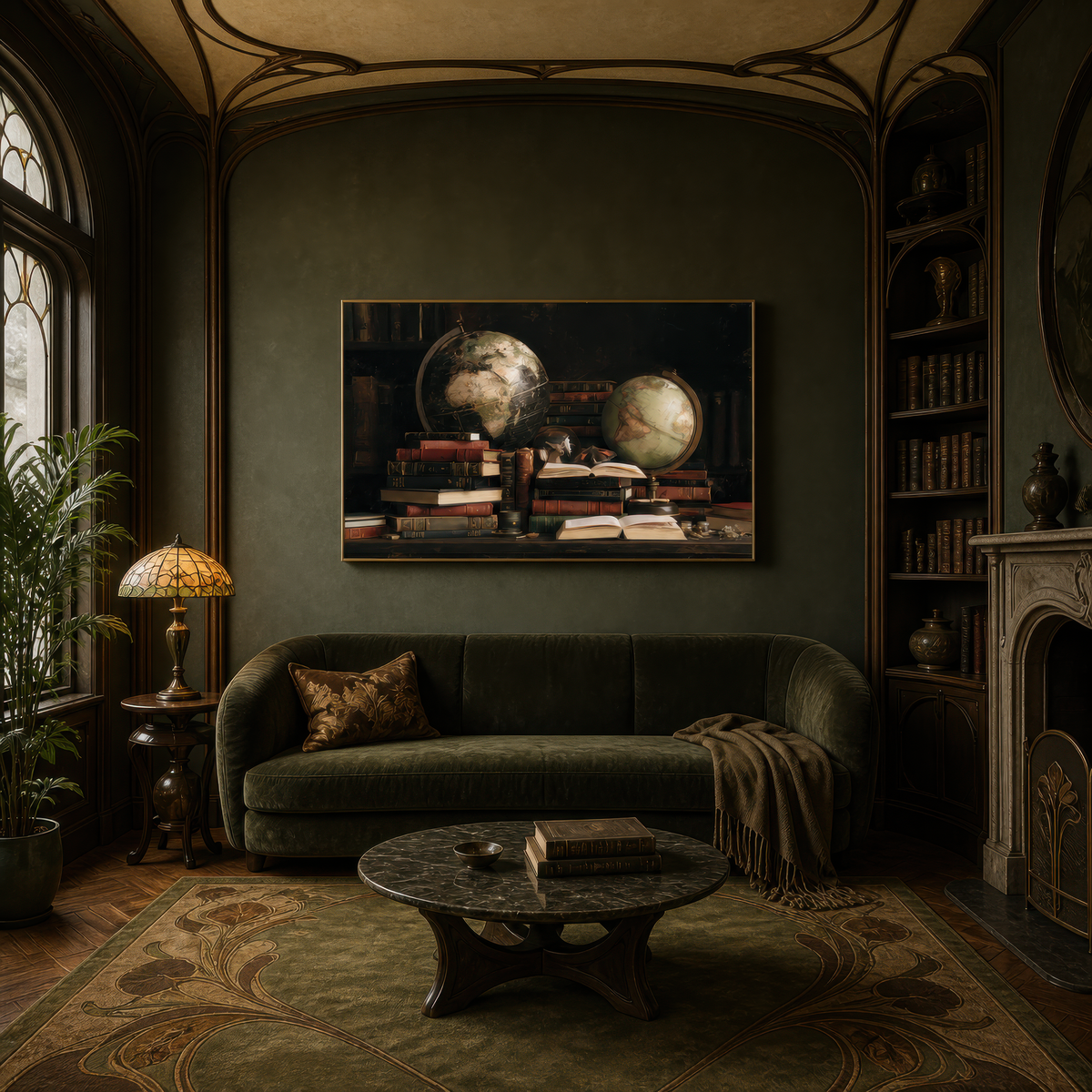 Gothic study above a green velvet sofa in an olive room with bookshelves and a fireplace
