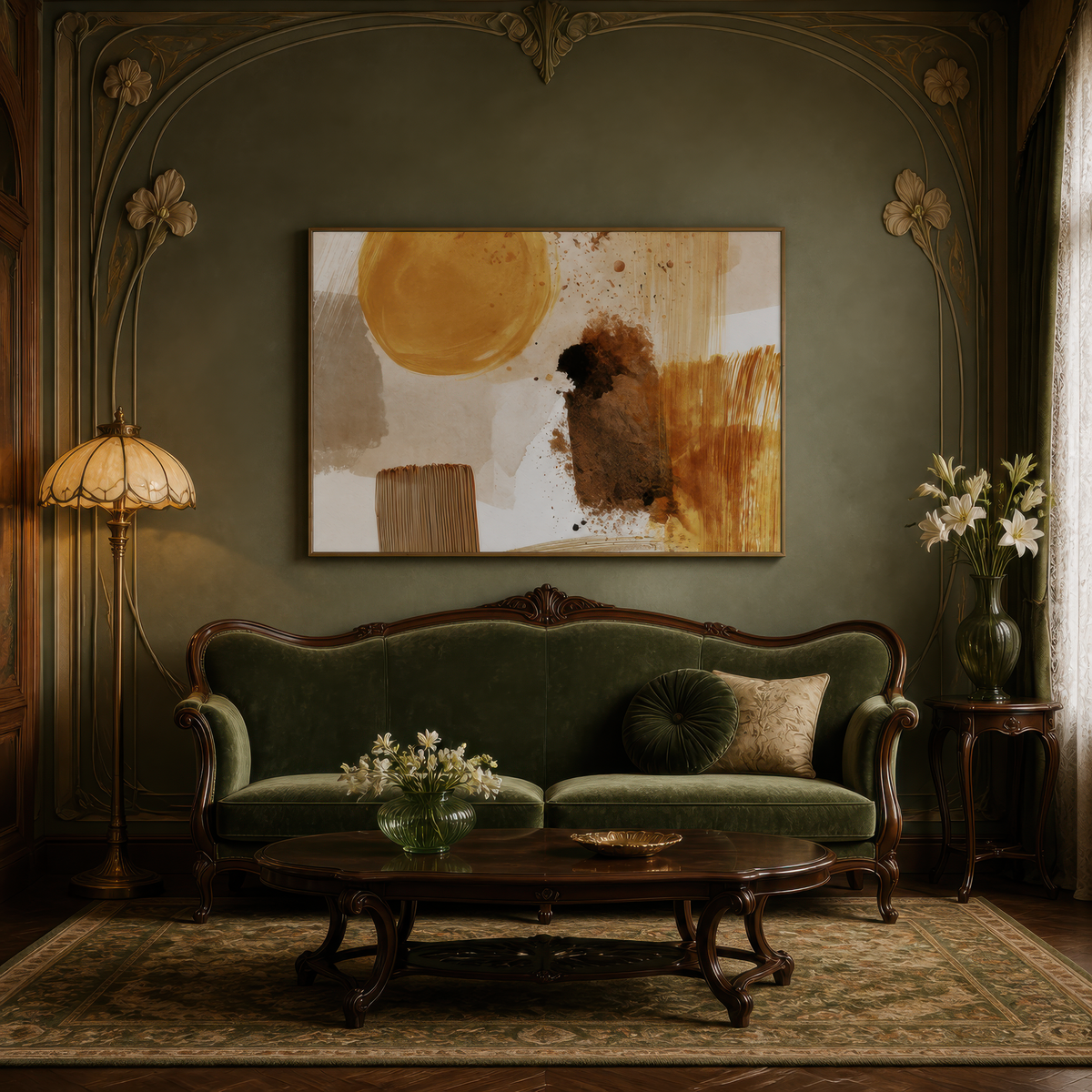 Golden sun abstract above a green settee in a dark green room with a curved floor lamp
