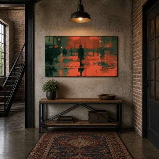 Crimson street at night above a dark console in a concrete stairwell with a Persian rug