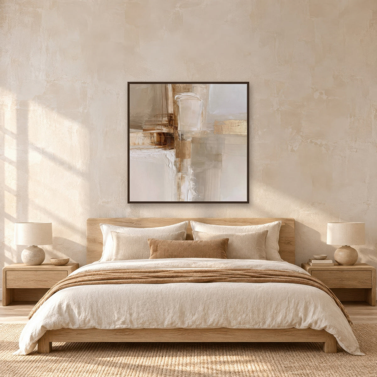 Pale Cream and Gold Blocks Abstract earthy abstract wall art in a bedroom