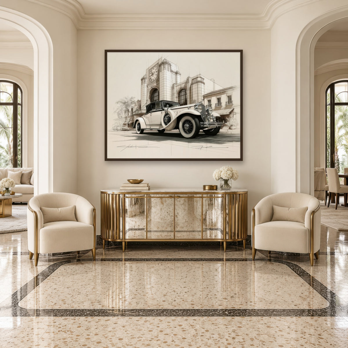 Amber Motorcar Sketch art deco wall art in an entryway