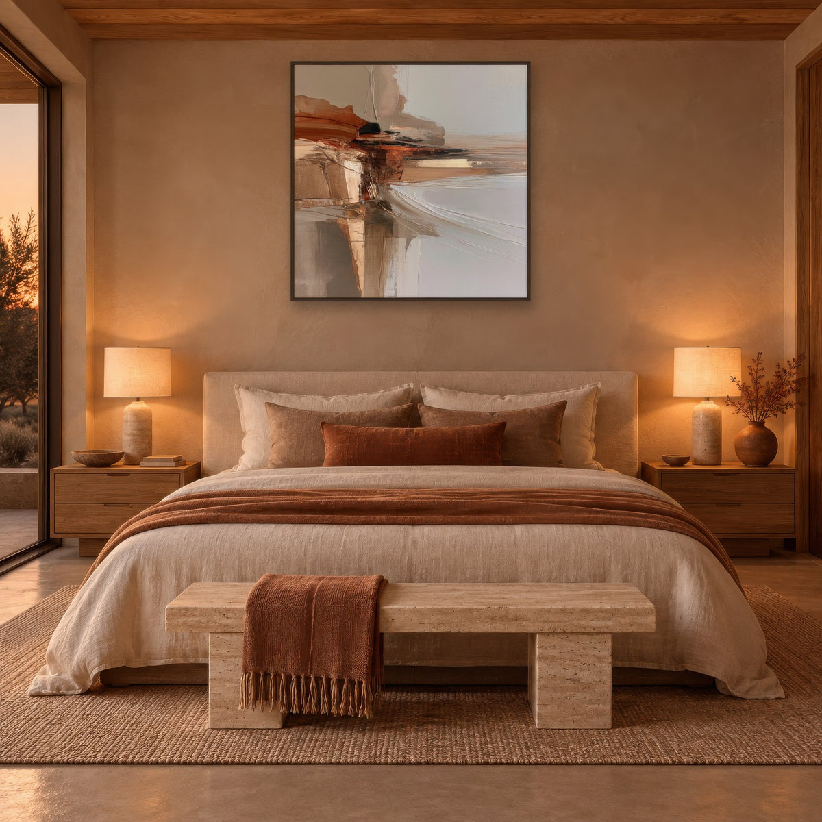 Warm Loam earthy abstract wall art in a bedroom