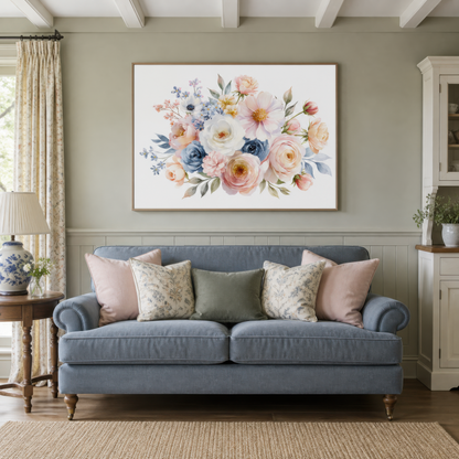Pastel Rose Bouquet wall art print staged in a room