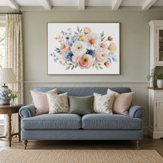 Pastel Rose Bouquet wall art print staged in a room