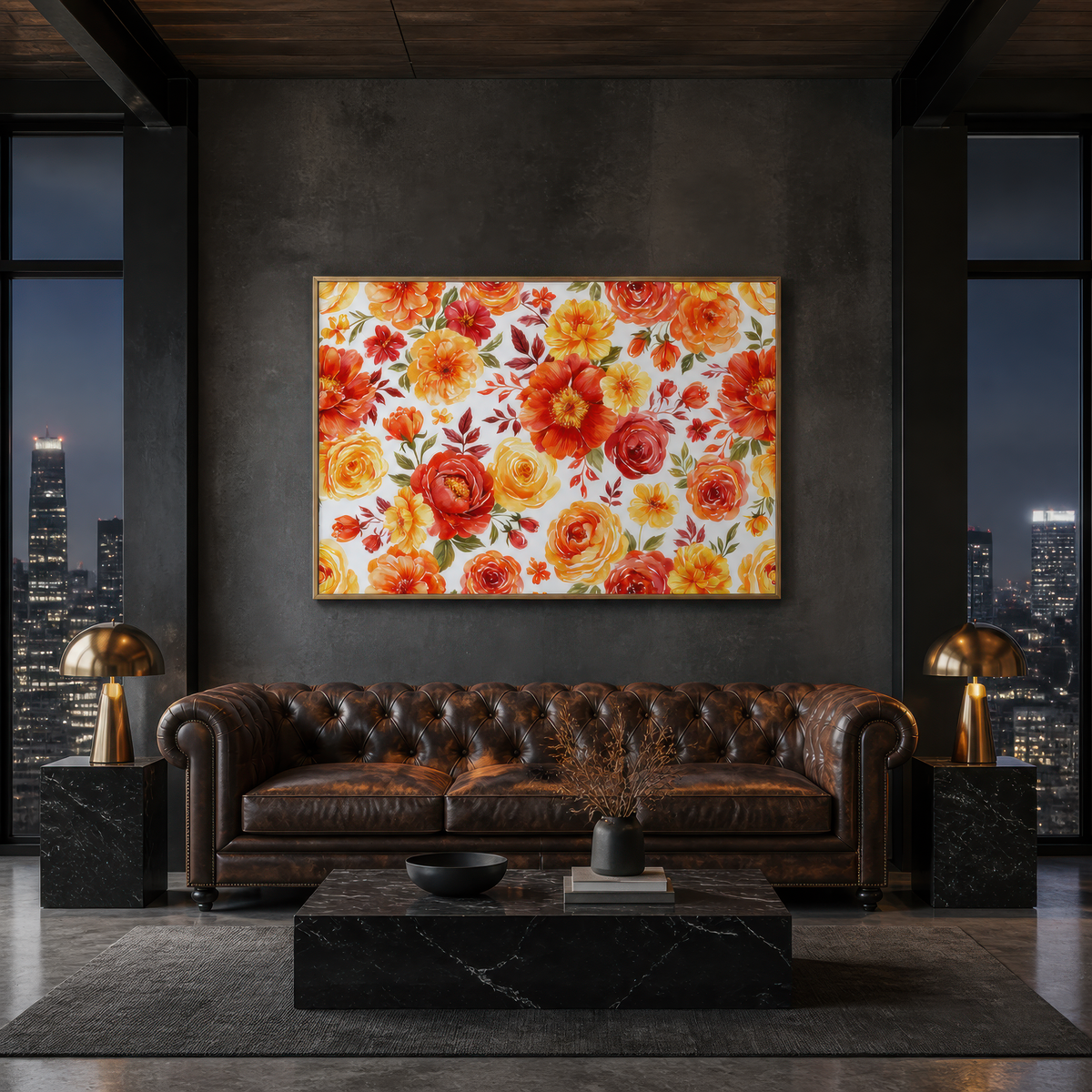 Orange and Yellow Rose Pattern wall art print, alternate room view