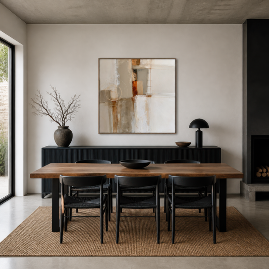 Square russet and cream abstract artwork above a wooden dining table with black chairs