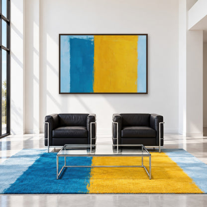 Blue and Yellow Color Block Abstract wall art in a den