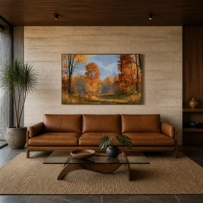 Autumn forest path above a tan leather sofa on a travertine wall with a curved wood bench