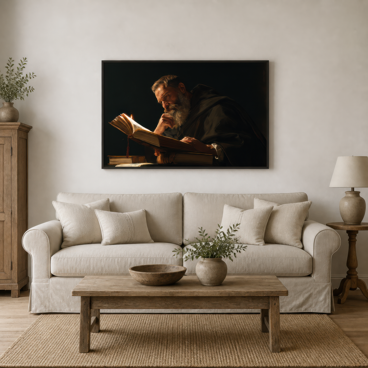 Scholar by candlelight above a white slipcovered sofa with a whitewashed wood coffee table