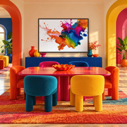 Liquid Rainbow Splash dopamine wall art in a dining room
