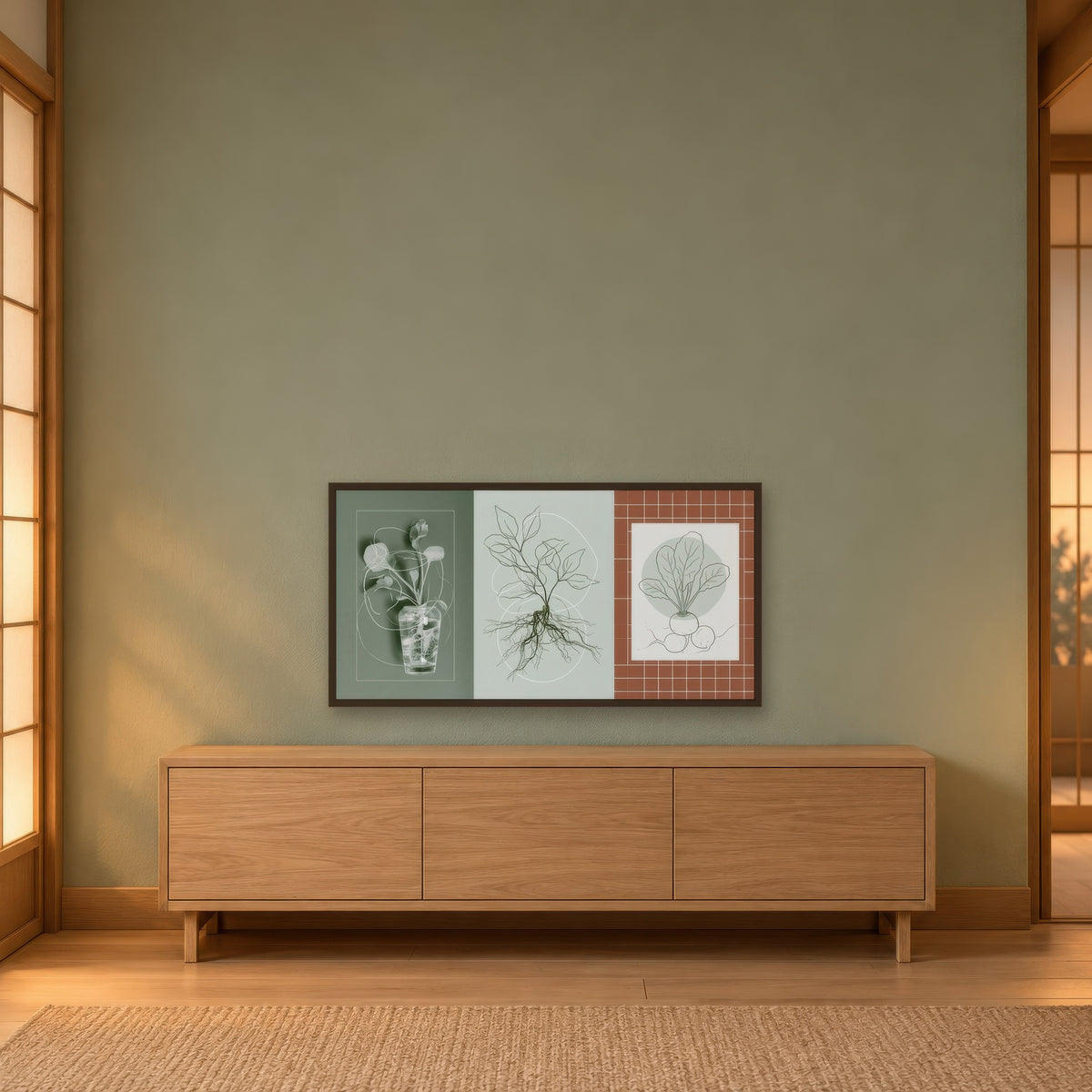 Kitchen Garden Botanical Set japandi wall art in an entryway