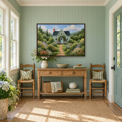 Sage Cottage Garden Path cottagecore wall art in an entryway