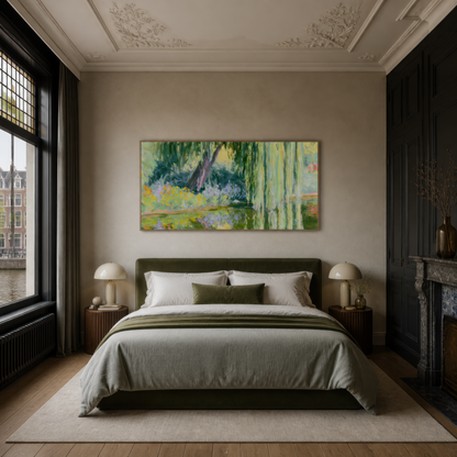Sunlit willow over a garden pond above a bed with sage bedding between two tall dark windows