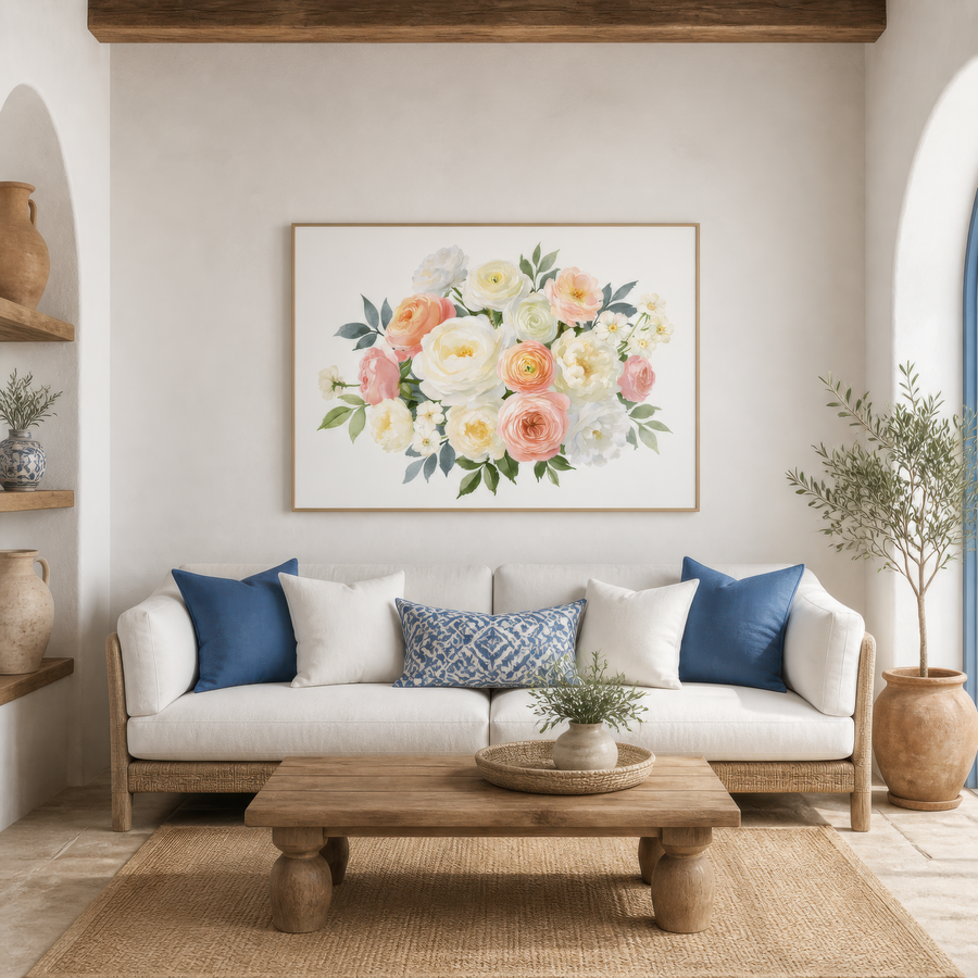 Cream and Peach Rose Bouquet – Watercolor Floral Wall Art