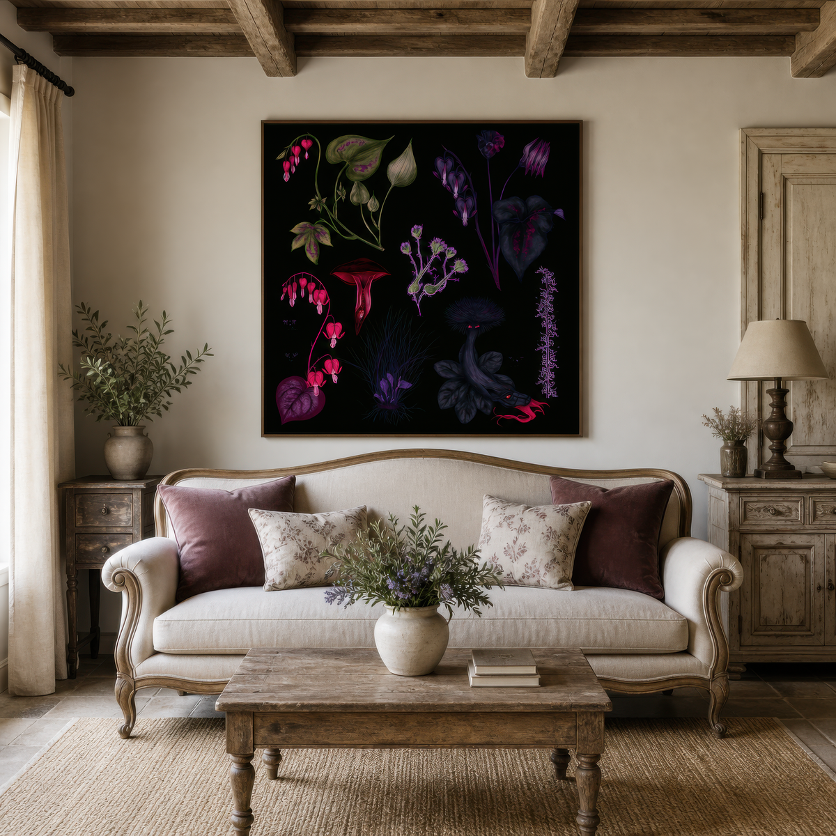 Dark Bleeding Heart Botanical Illustration wall art print staged in a room