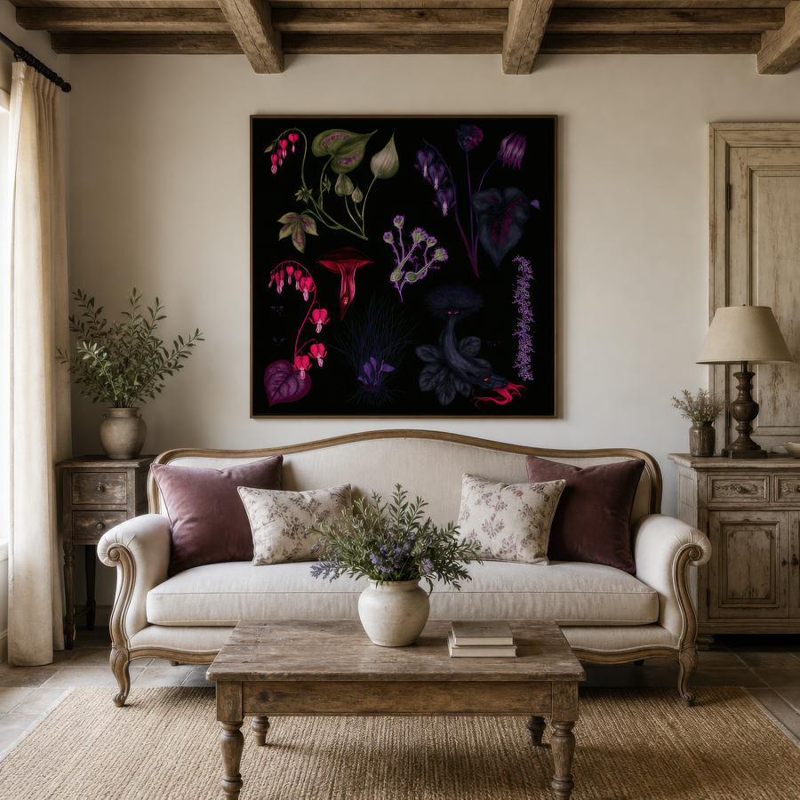 Dark Bleeding Heart Botanical Illustration – Vamp Romantic Wall Art