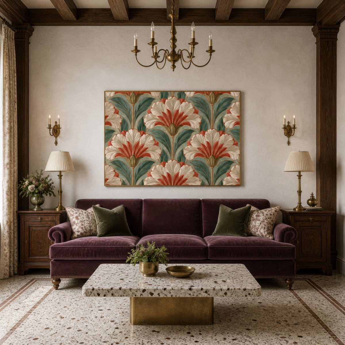 Deco lily pattern above a plum velvet sofa with a brass coffee table and a chandelier