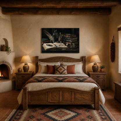 Ivy league shadow above a carved wooden bed with southwestern bedding and table lamps
