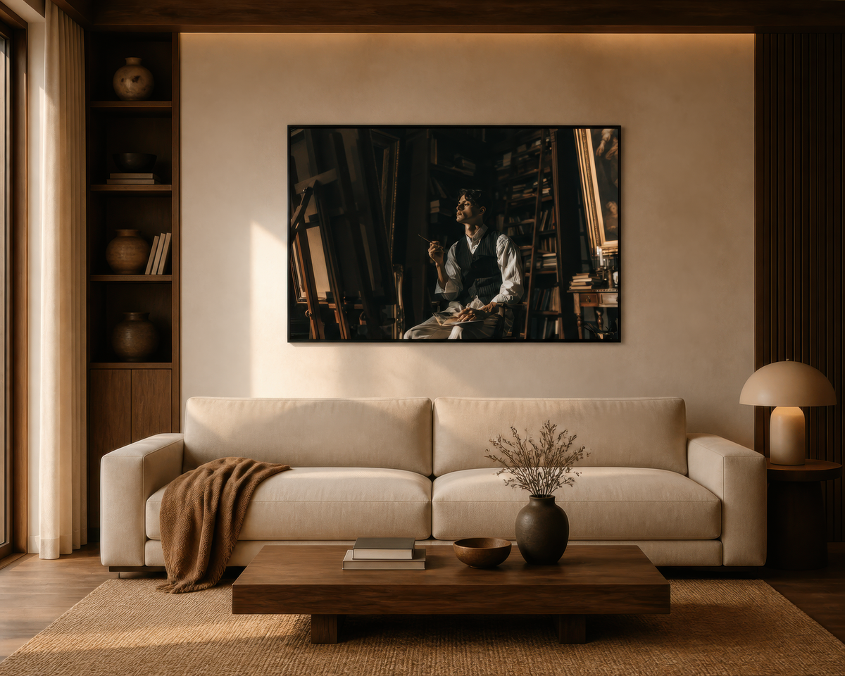 Artist in repose above a cream sofa with a throw on a plaster wall with recessed shelving