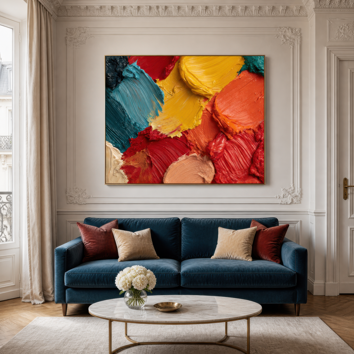 Citrus burst above a navy blue sofa with rust pillows and a round marble coffee table