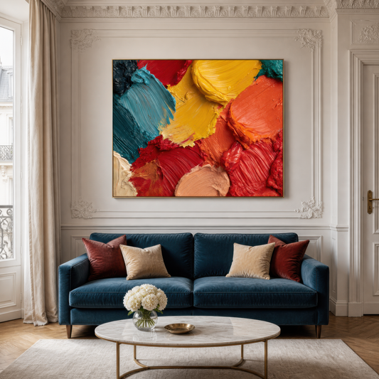 Citrus burst above a navy blue sofa with rust pillows and a round marble coffee table