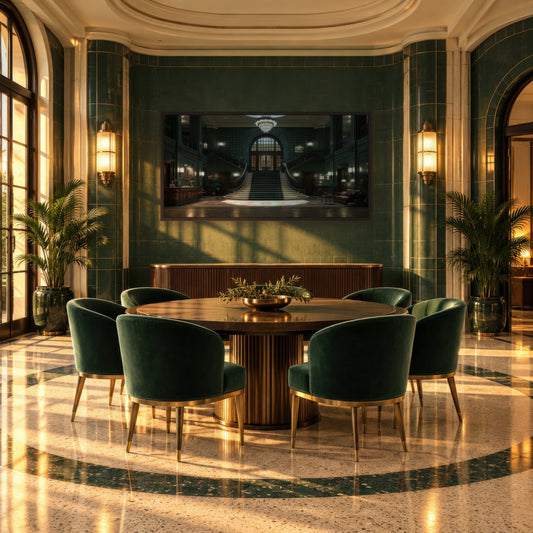 Emerald Deco Staircase art deco wall art in a dining room