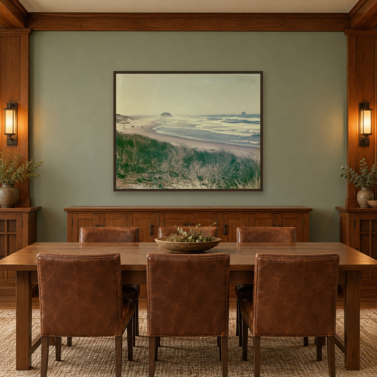 Coastal Dune Grasses and Sea Stacks landscape wall art in a dining room