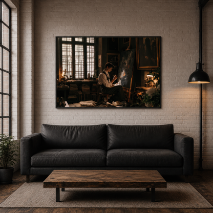 Artist at the easel above a black modular sofa on a pale grey wall with a dome pendant