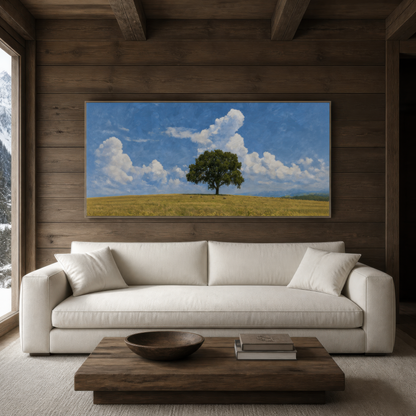 Lone tree in the field above a cream sofa on a dark wood plank wall with a wood coffee table