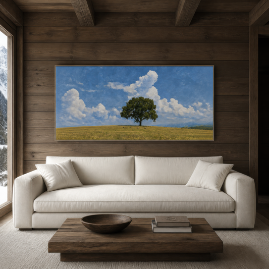 Lone tree in the field above a cream sofa on a dark wood plank wall with a wood coffee table
