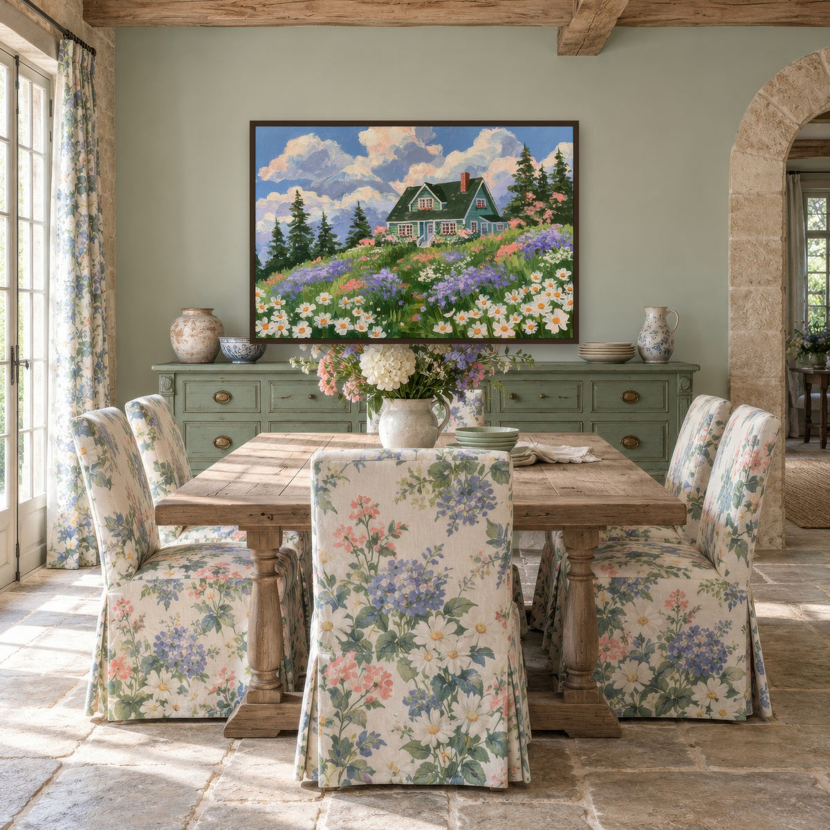 Folk Hillside Cottage cottagecore wall art in a dining room