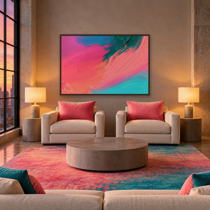 Pink and Teal Brushstroke Abstract wall art in a den