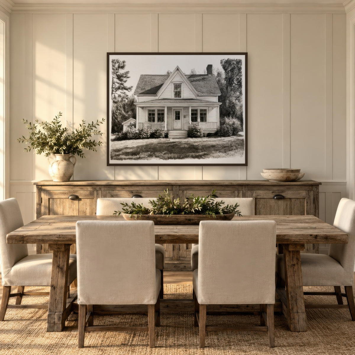 Charcoal Farmhouse Sketch farmhouse wall art in a dining room