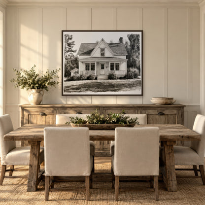 Charcoal Farmhouse Sketch farmhouse wall art in a dining room