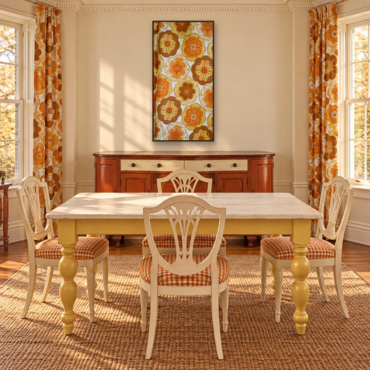 Retro 70s Floral Pattern vintage illustration wall art in a dining room