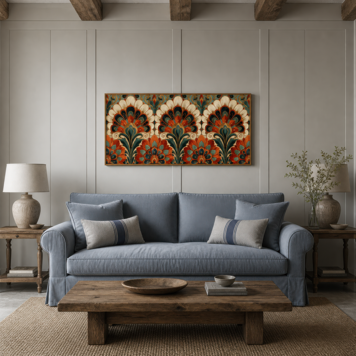 Rust & Teal Fan Motif – Art Deco Wall Art