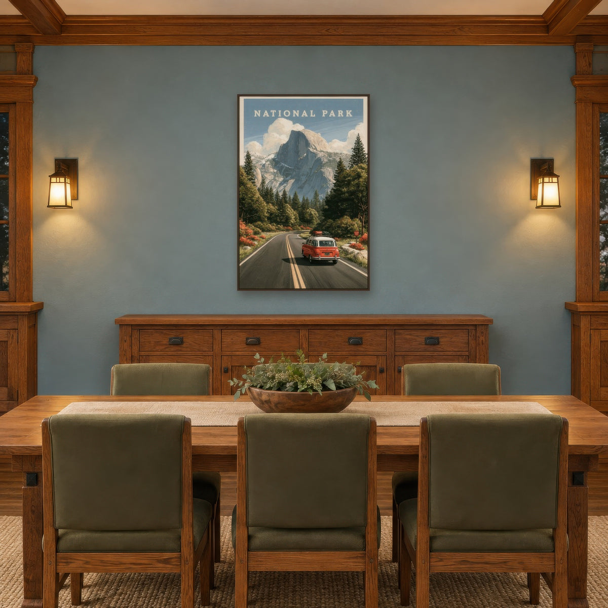 Half Dome Vintage Travel Poster national park wall art in a dining room